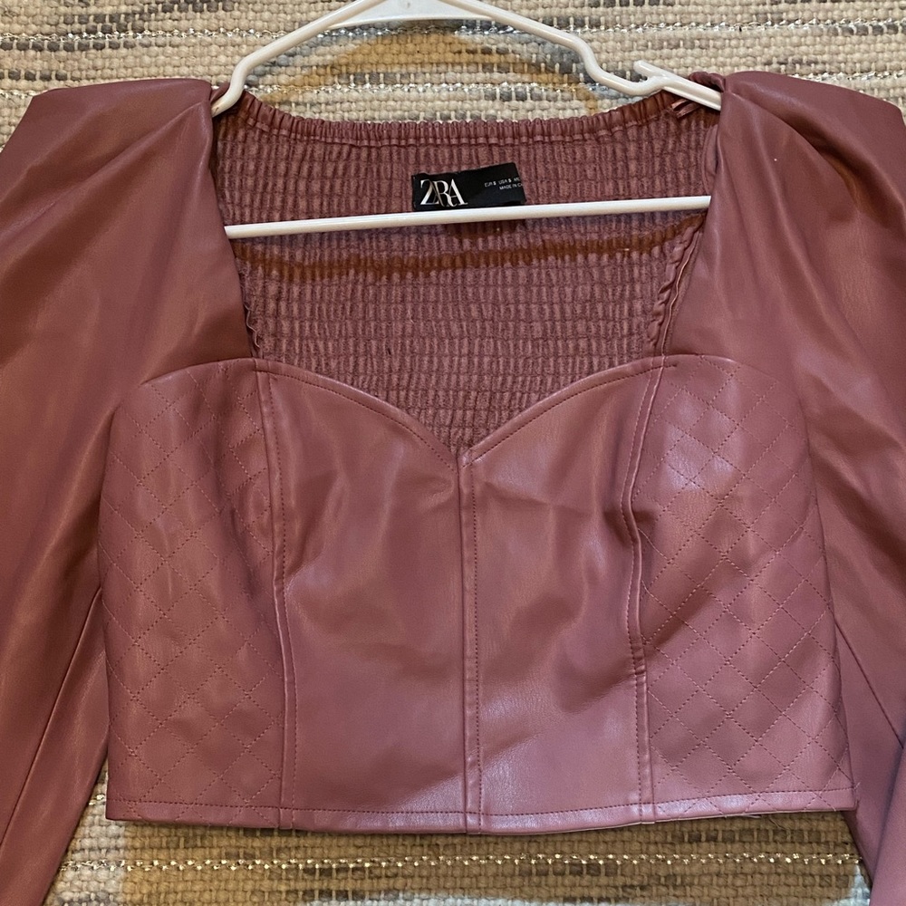Zara pink leather puff sleeve top